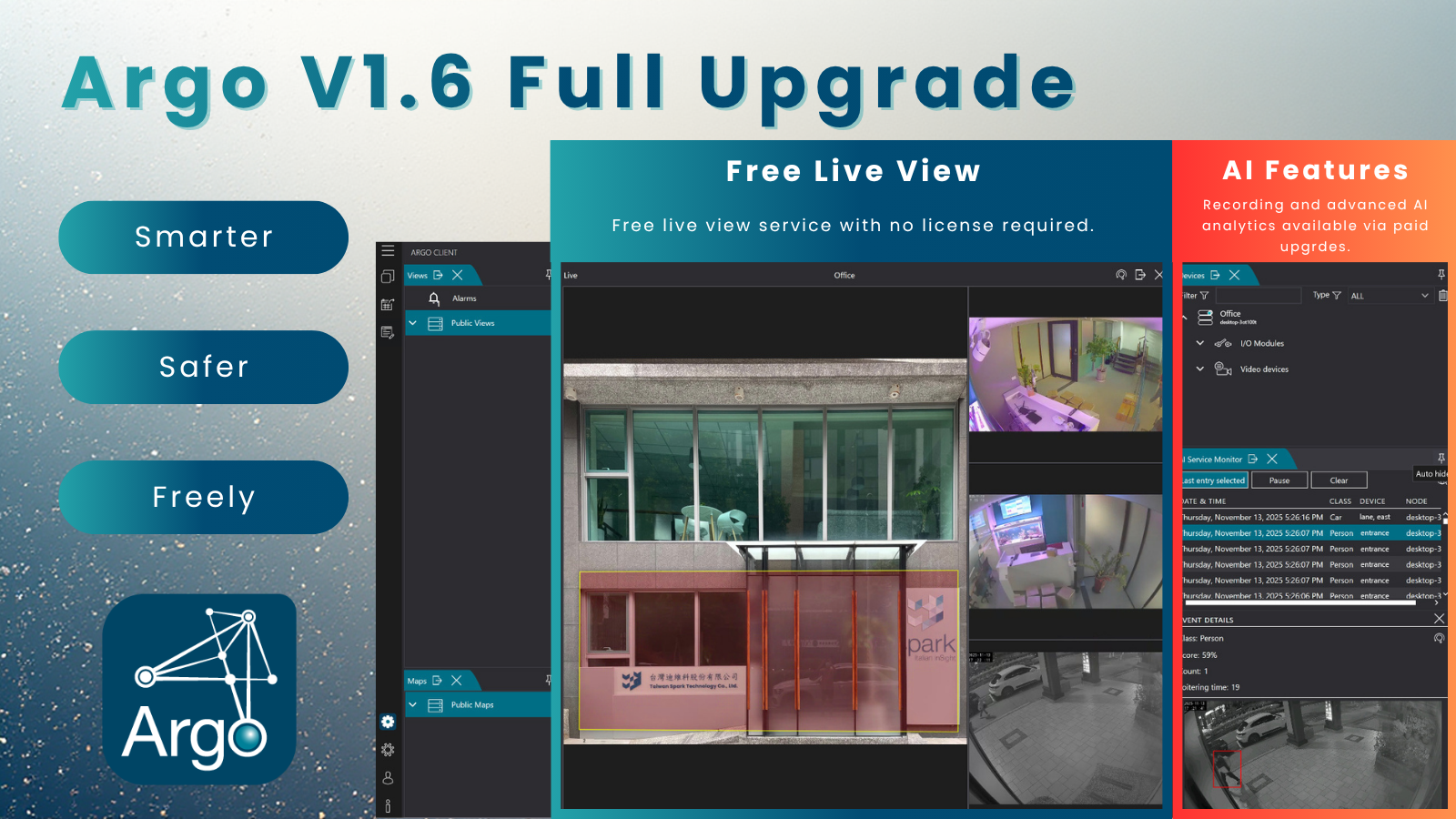 Ready to use smart VMS with Argo v1.6  Enjoy free live view service&nbsp;with no license required.Features include &rdquo;Free Live View&ldquo;, &ldquo;Uninterrupted Connection&ldquo;, &ldquo;Enhanced Control&ldquo;&nbsp;and &ldquo;Optimized UI for a smarter&ldquo;, more efficient video management experience.  Recording and advanced AI analytics available via paid upgrades. Contact u